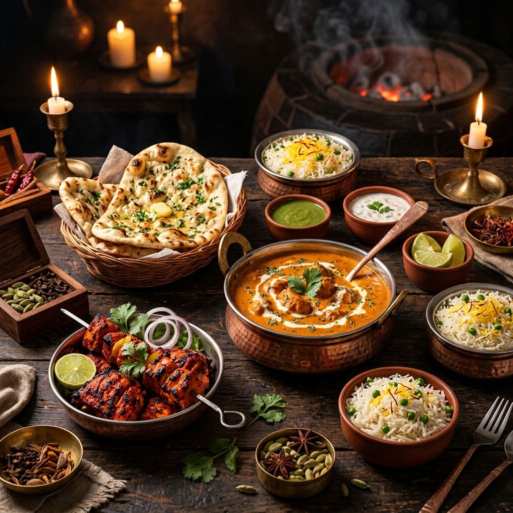 A table of butter chicken, naan, rice and tandoori dishes