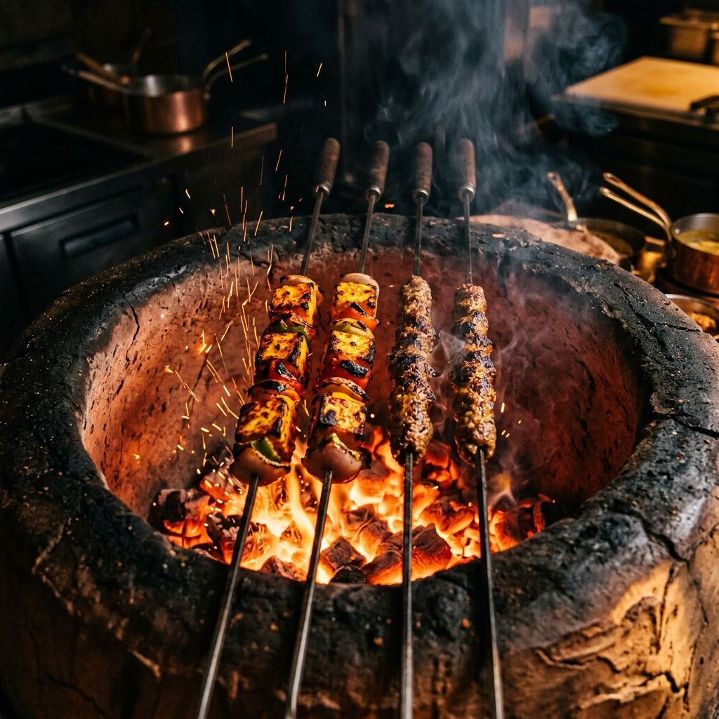 Skewers of tikka cooking in a glowing clay tandoor